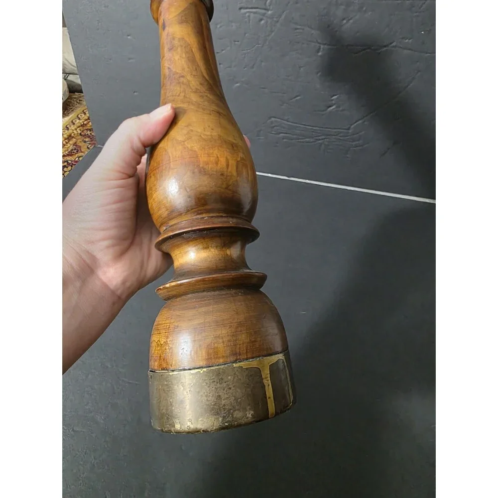 Mid Century Italian Turned Wood Pepper Mill Grinder Brass Trim 14 Inch Tall